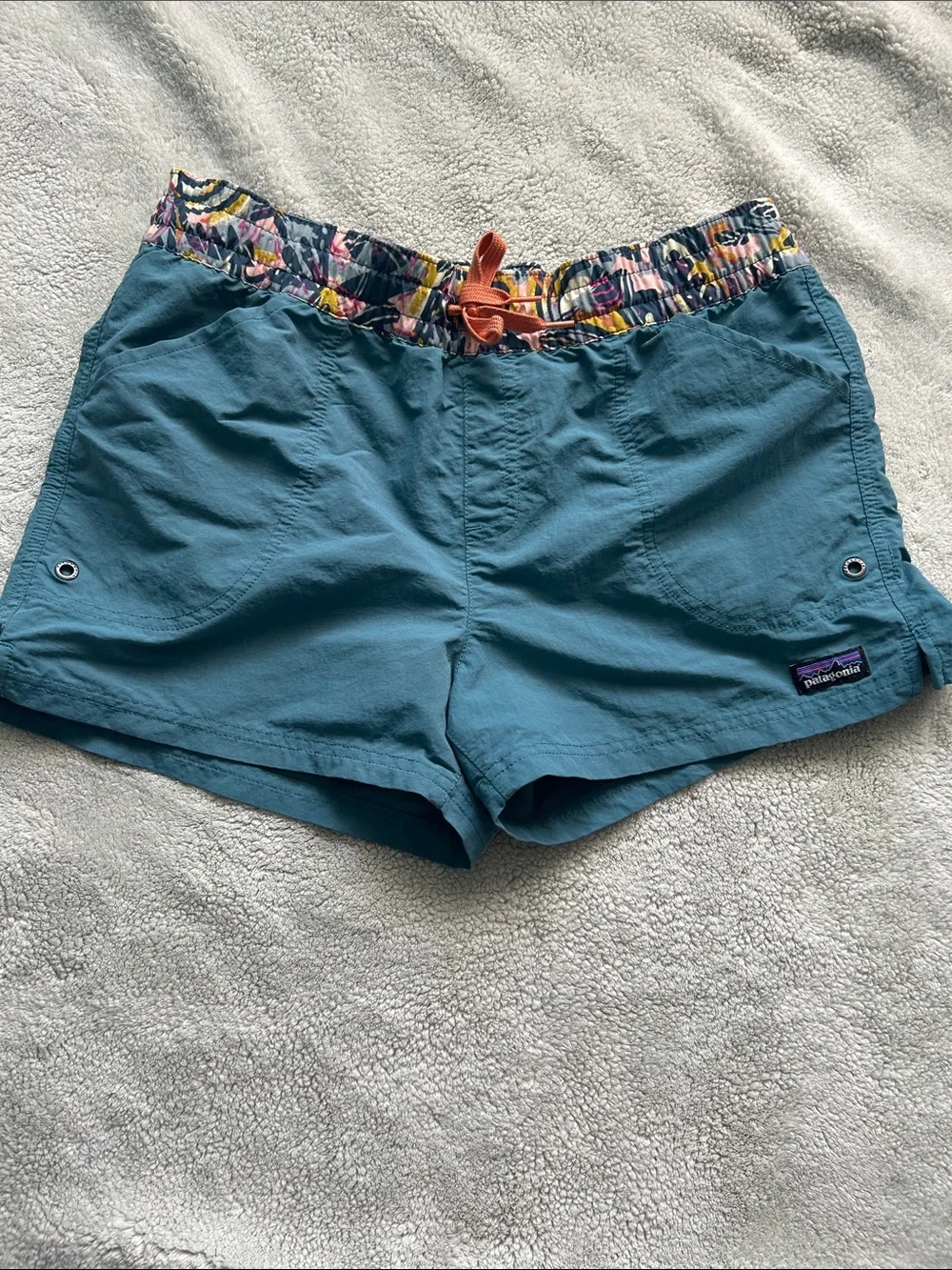 Patagonia Teal Outdoor Shorts with Patterned Waistband